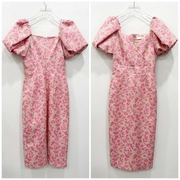 Exquise Pink Foral Puff Shoulder Midi Dress - Picture 2 of 7